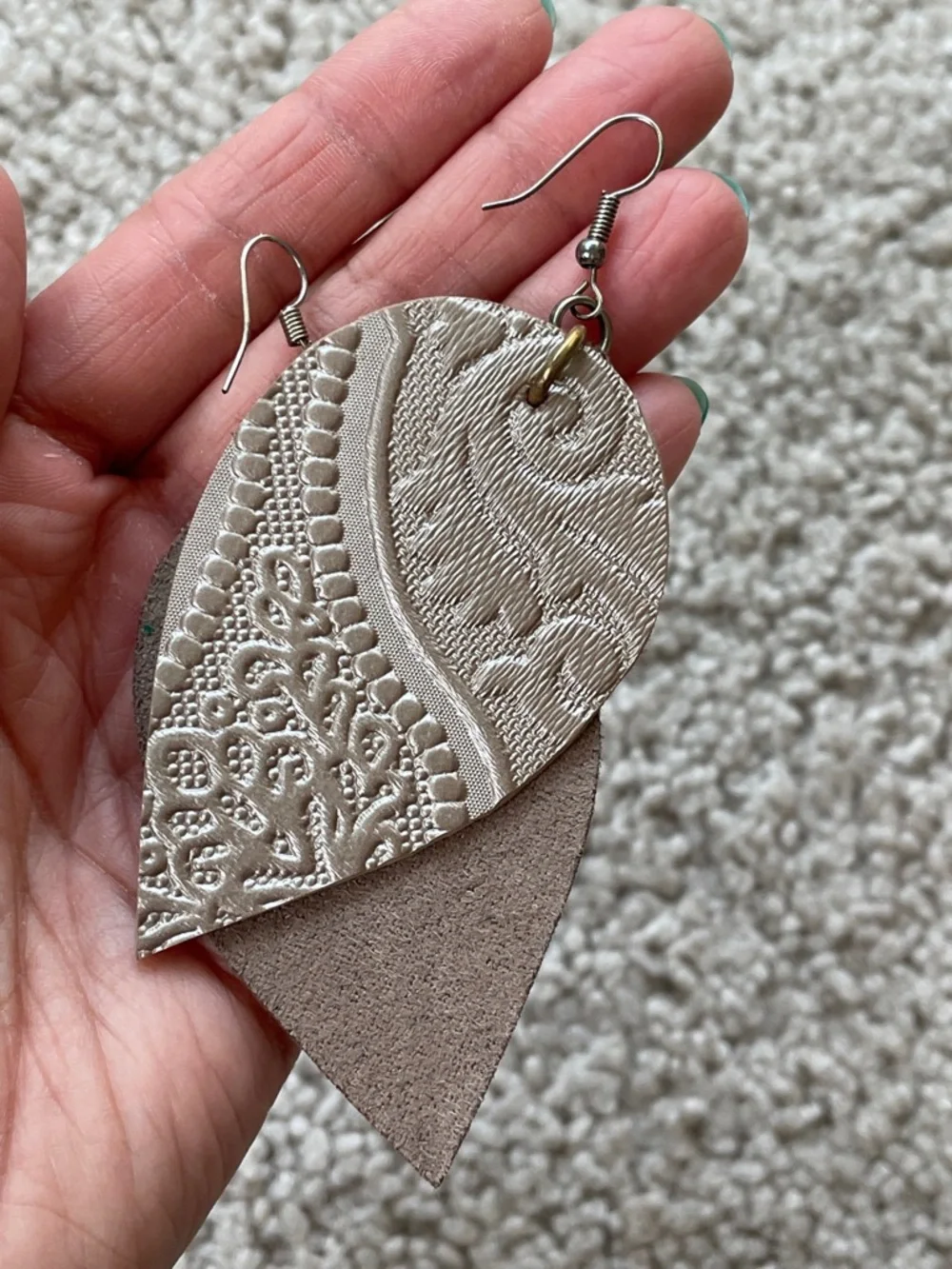 Boutique Embossed Faux Leather Western Metallic Pewter Tan Teardrop Earrings
